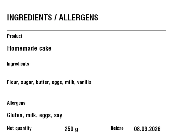 Preview of Allergen / Ingredient Label