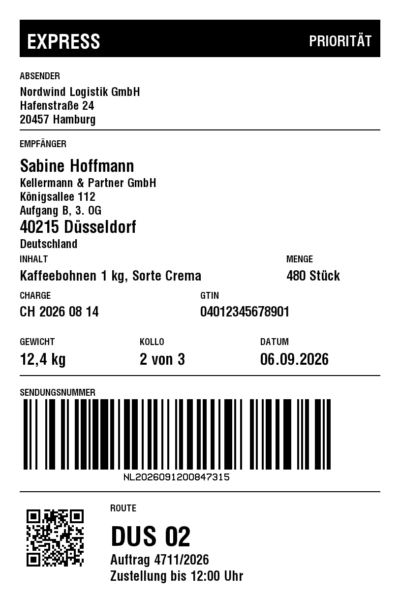 Vorschau von Versandetikett mit Details