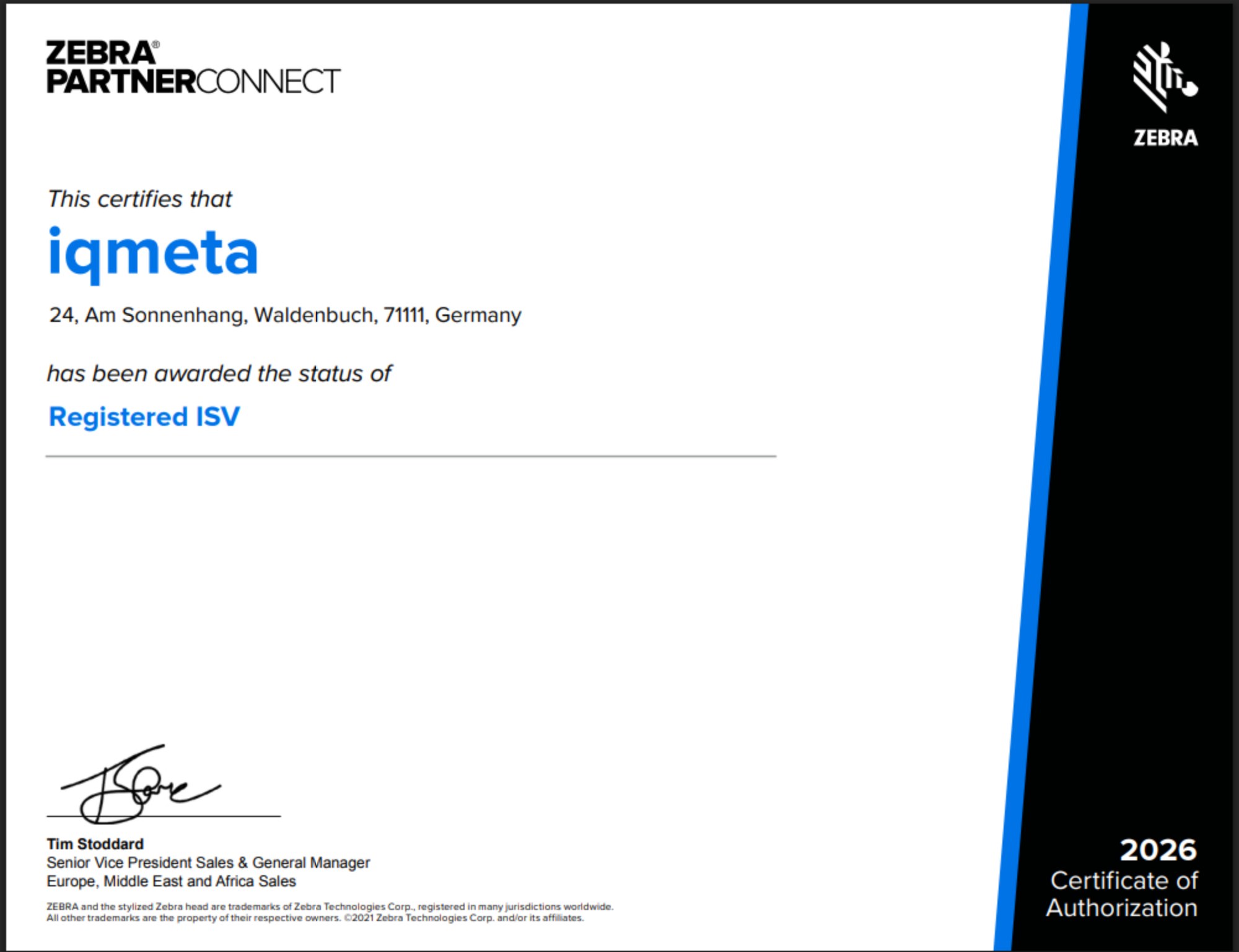 Zebra PartnerConnect Certificate of Authorization 2026 - iqmeta GmbH, Registered ISV