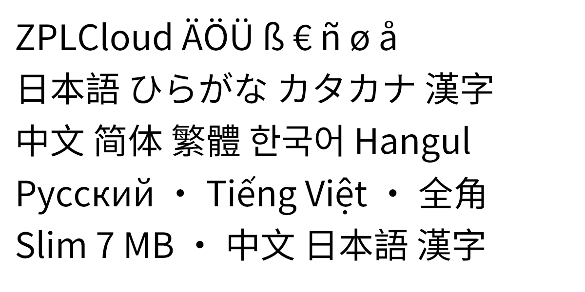 Label rendered with the ZPLCloud font: Latin-1, Japanese, Chinese, Korean, Russian and Vietnamese text